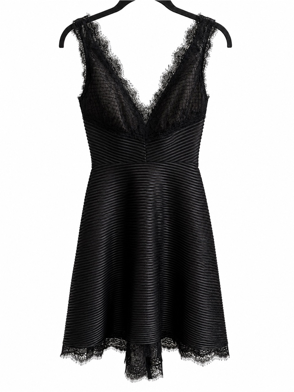 Marchesa Notte Black Lace & Striped Organza Cocktail Dress Size 4